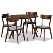 Baxton Studio Rika Mid-Century Modern Transitional Light Grey Fabric Upholstered and Walnut Brown Finished Wood 5-Piece Dining Set